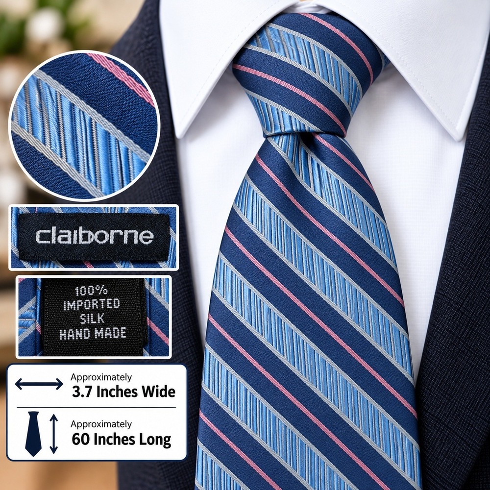 Claiborne Mens Blue Pink Striped Silk Tie Handmade 3.7 Inch Wide 60 Inch Long